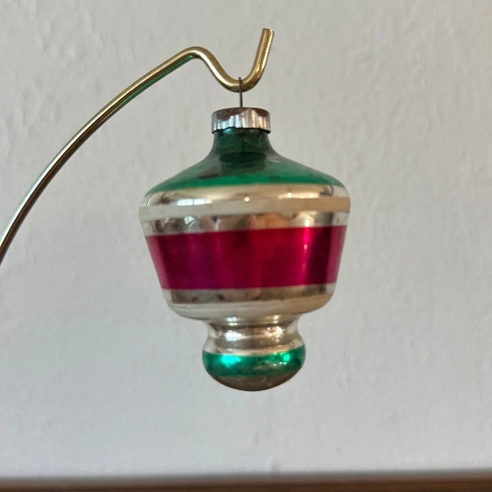Vintage Shiny Brite UFO Tornado Lantern Glass Christmas Ornament Pink Green